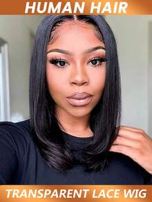 13*4 透明蕾丝前假发，预先拔毛的波波头直发短款真人发假发，适合女性，150% 密度 - Natural Black - 查看 5