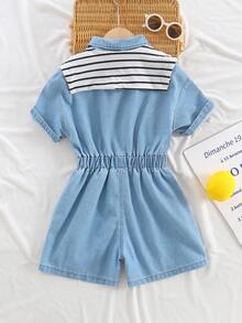 两件套女童夏季套装，时尚休闲日常穿着，蓝色牛仔连体裤和黑白条纹披肩套装 - 藍色 - 查看 8