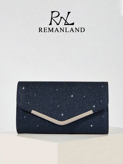 REMANLAND Sparkling And Exquisite Navy Blue Glitter Clutch With V-Shaped Metal Accent – This Glamorous Piece Features A Shimmering Glitter Finish And A Sleek V-Shaped Metal Accent, Perfect For Evening Dinners And Parties, Adding A Dazzling Touch To Your Outfits It Is The Best Gift For Women
