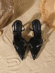 On feet& in love Women's Fashionable Elegant Criss-Cross Strap Pointed Toe V-Cut Buckle High Heel Pumps, Suitable For Dresses And Weddings - Black - View 6