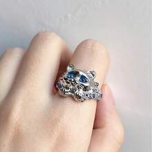 1枚优雅镀银蓝色锆石猫咪戒指，可爱蓝眼睛小猫戒指，适合日常佩戴、珠宝首饰、派对等场合。 - 銀色 - 查看 4