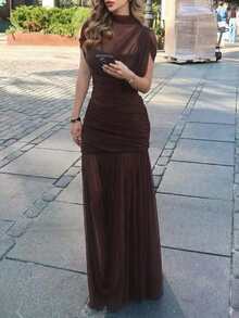 Đầm maxi lưới xuyên thấu màu nâu dành cho nữ | Đầm ôm sát xếp ly dự tiệc mùa hè thanh lịch - Cà phê nâu - Xem 4