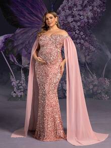 Faeriesty Elegante vestido de fiesta de maternidad talla grande con hombros descubiertos y mangas extra largas hasta los tobillos para mujeres | Parte superior del Body con aplicaciones de lentejuelas y mangas de gasa extra largas, perfecto para bodas de primavera, celebraciones del Día de la Madre, eventos de baby shower, fiestas de jardín - Rosa vieja - Ver 6