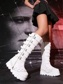 Women's Y2K Style Black Metal Punk Combination Long Boots Cool Platform Height-Enhancing Knee-High Botines Zipper Buckle Leggings Botas, Christmas And Halloween Style Boots - 白色 - 查看 1