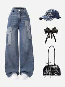 1pc Girls Casual Street Style Comfortable Everyday Versatile Applique Big Bow Blue Snowflake Washed Denim Jeans - Light Wash - View 1