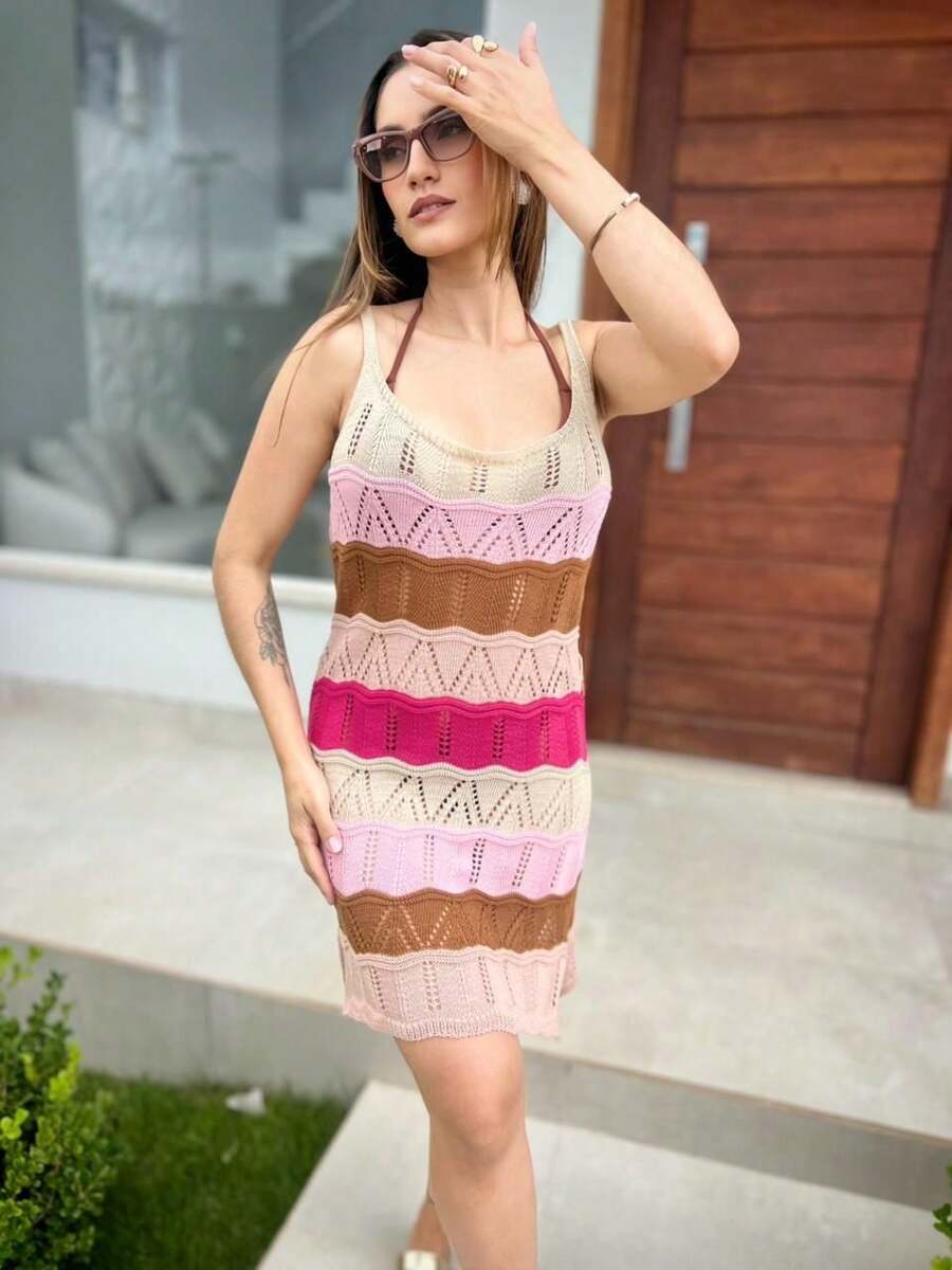 Women's Knitted Beach Cover-Up Colorful Short Dress Beach Outfit - 乾枯玫瑰色 - 查看 1