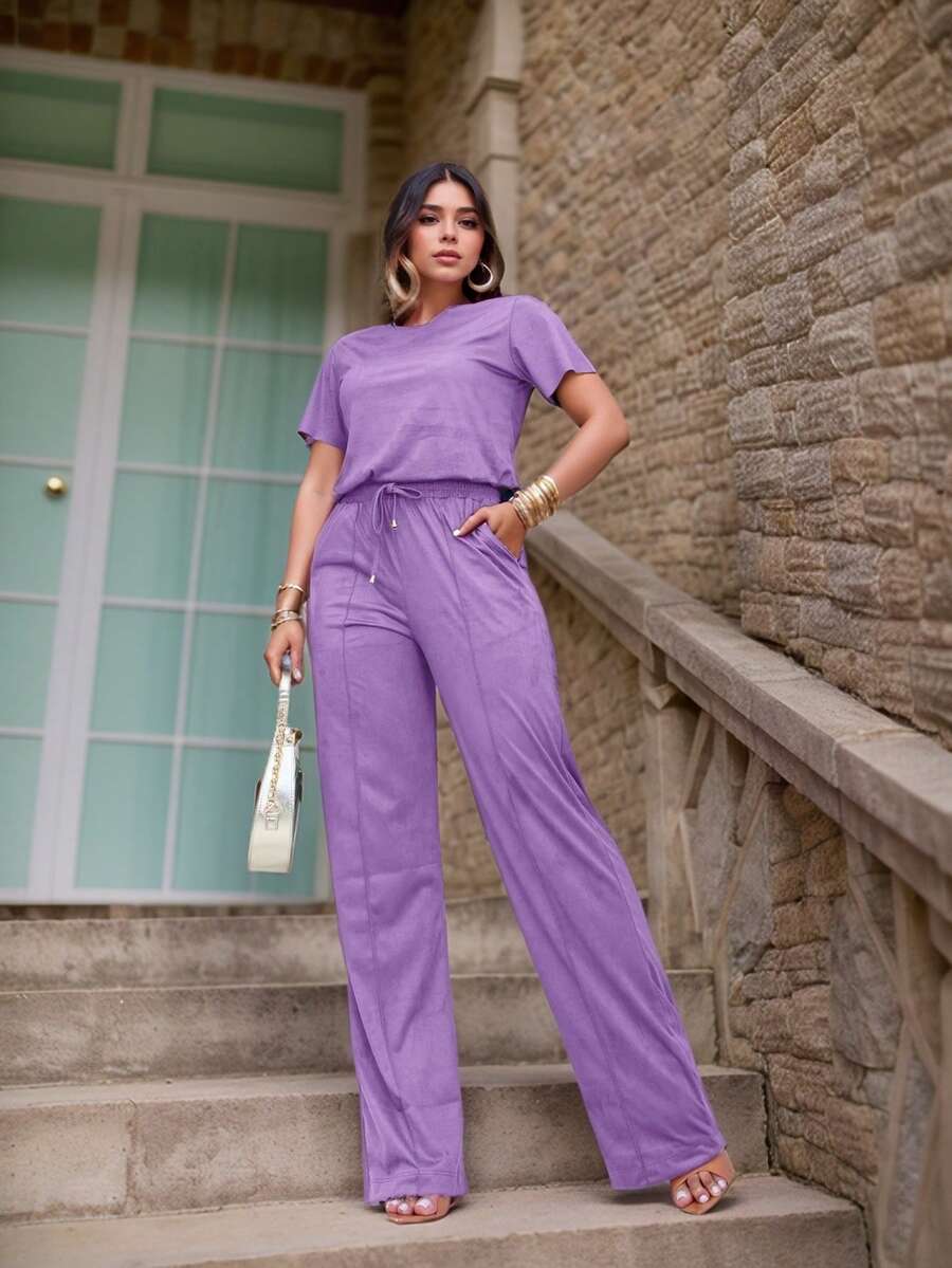 Suede Set: Wide-Leg Pants And Basic T-Shirt Blouse, Sizes M To EXG Plus Size - Lilac Purple - View 1