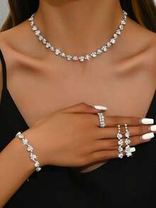 Fashionable Minimalist Jewelry Set - Necklace, Earrings, Bracelet, Elastic Ring With Diamonds/Pearls, Wedding Jewelry, Mother's Day Gift (Multiple Options Available) - Silver - View 11