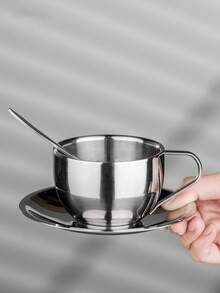 三件套咖啡杯套装，米兰咖啡杯套装，咖啡杯碟勺，马克杯，咖啡杯，高品质不锈钢材质，意式浓缩咖啡杯，手冲咖啡杯 - 銀色 - 查看 6
