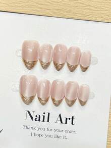 Conjunto de 10 adesivos de unhas artesanais, unhas em formato amendoado, comprimento curto, unhas rosa minimalistas, unhas francesas com detalhes dourados, unhas olho de gato brilhantes, unhas elegantes de outono feitas à mão, adesivos de unhas para o outono, unhas de Ano Novo, unhas de festa estilo anos 2000, unhas para encontros casuais, unhas para férias na praia, faça você mesma suas unhas postiças, ideal para presentear mulheres e meninas. - Rosa - Ver 3