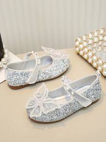 Zapatos planos para bebé niña con lazo, cristales y perlas - Plateado - Ver 3