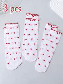 3双装女童水晶丝绸中筒袜，心形图案无缝袜，心形元素，轻薄透气，适合春夏穿着 - 彩色 - 查看 2