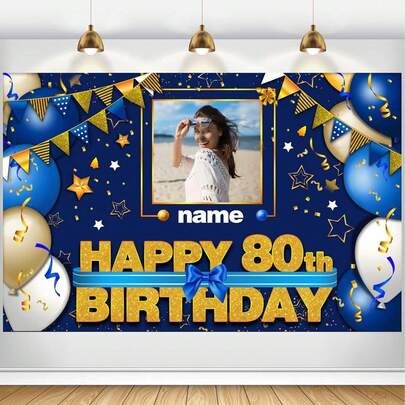 Custom Happy 80th Birthday Decorations Banner - 80 Years Old Birthday Decorations Backdrop For Women Men Boys Girls - Personalization Happy 80th Birthday Party Decorations Supplies - Navy Blue