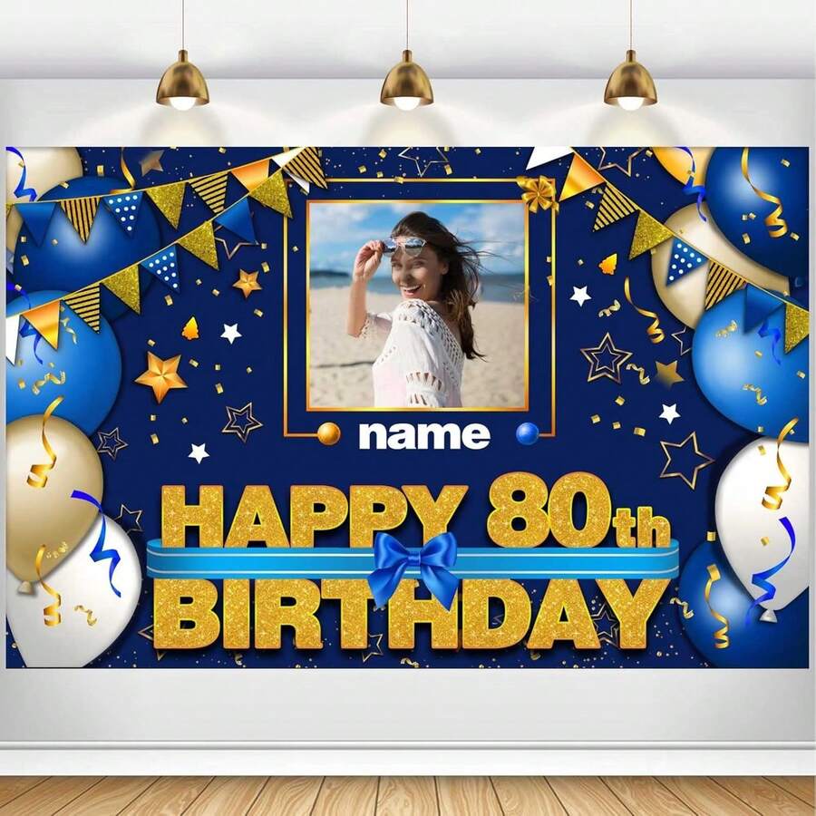 Custom Happy 80th Birthday Decorations Banner - 80 Years Old Birthday Decorations Backdrop For Women Men Boys Girls - Personalization Happy 80th Birthday Party Decorations Supplies - Navy Blue - 樣式 1 - 查看 1