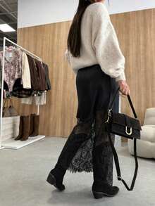 女士纯色优雅蕾丝拼接不对称半身裙 黑色 春季 - 黑色 - 查看 2