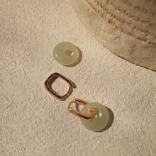 1 Pair Of Simulated Hetian Jade Circular Earrings - Simple And Unique Design - Peace Charm And Transportation Ear Pendants - Gold - View 2