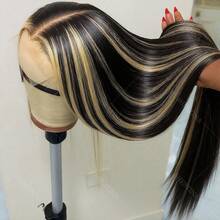 34 Inch 200% Density 1b/27 Highlight 13x4 Lace Frontal Wigs Brazilian Human Blended Hair For Women 13x4 Large HD Transparent Lace Frontal Wigs Wigs Pre Plucked With Baby Hair 12A For Women's Daily And Holiday Occasions Wig - S1B/27 - 查看 1