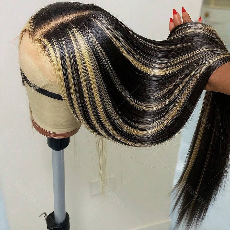 34 Inch 200% Density 1b/27 Highlight 13x4 Lace Frontal Wigs Brazilian Human Blended Hair For Women 13x4 Large HD Transparent Lace Frontal Wigs Wigs Pre Plucked With Baby Hair 12A For Women's Daily And Holiday Occasions Wig - S1B/27 - 查看 1