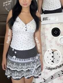Women Piano Mini Skirts Y2k Harajuku Dark Coquette Aesthetic Grunge Black White Spliced Short Skirt - 黑與白 - 查看 2