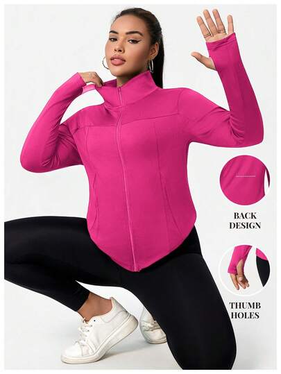 Plus Size Women's Solid Color Long Sleeve Zipper Front Casual Fitness Sports Jacket