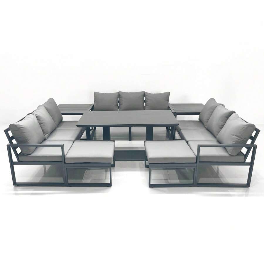 Fimous 11 Seater Garden Sofa Set Aluminium Furniture Rising Dining Tabe Set With 2 Side Tables 2 Big Footstools Dark Grey - 3*3-seater Sofa In Aluminium Set - View 1