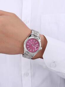 RICECGO 1pc Men's Quartz Watch Distinctive Textured Design For Standout Appeal Premium Stainless Steel Bracelet With Premium Feel Features Date Display Blends Business And Casual Styles With Personalized Infuses Outfits, Cool Energy - Silver - View 3