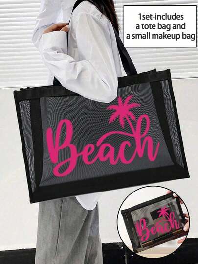 1pc/2pcs Breathable Beach Mesh Handbag, Coconut Tree Letter Print, Large Capacity Casual Handbag, Ladies Foldable Shoulder Handbag Suitable For Beach Picnic Vacation, Waterproof And Multi-Purpose, Suitable For Teen Girls And College Students, Very Suitable For School, Work, College, Outdoor, Grocery Store, Travel, Outing, Vacation, Shopping, Shopping, Is A Perfect Holiday Birthday Gift For Girls.