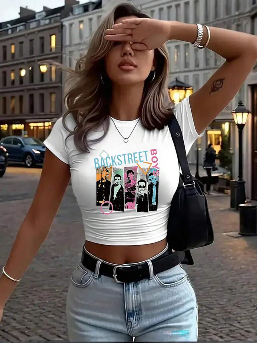 Backstreet Portrait Print Cropped T-Shirt,  Hot Outfit Summer Fashion Single Piece, The Perfect Holiday Gift For Birthday Parties - trắng - Xem 1