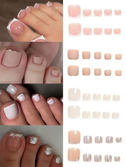 用96片短方形美甲贴片瞬间提升你的美甲造型！优雅白色法式美甲贴片搭配柔粉色点缀，经典金色法式美甲贴片搭配杏色点缀，奢华银色法式美甲贴片搭配闪粉点缀，裸色法式美甲贴片搭配珠光点缀。全覆盖式假指甲贴片，适合女性和女孩使用。内含1张粘合贴片和1个迷你指甲锉。随机发货。