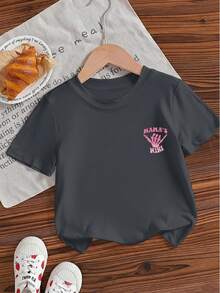 Young Girl Casual Graphic Print Crew Neck Short Sleeve T-Shirt, Summer Top - Dark Grey - View 5