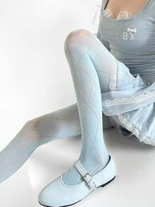 1 Pair Retro Large Diamond Hollow Tights, Slimming Fishnet Leggings With Diamond Jacquard Pattern, Stretchy Sexy Fishnet Stockings/Tights/Leggings, Suitable For Various Occasions - Baby Blue - View 1