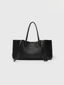 2026新款小众通勤编织手提包，时尚百搭超大容量单肩包 - 黑色 - 查看 5