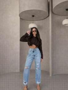 SQUALO 女式蓝色水洗、破洞、做旧效果牛仔裤 街头风格 - 藍色 - 查看 2