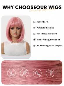 12-calowa krótka, falowana peruka syntetyczna dla kobiet, krótkie, proste włosy, odpowiednia na co dzień, święta, podróże, Halloween, Boże Narodzenie, Nowy Rok, karnawał, festiwal muzyczny, cosplay, idealna na prezenty dla dziewczyn, letnie prezenty na ukończenie szkoły, gotowe prezenty, prezenty na Halloween i Boże Narodzenie - Różowy - Zobacz 3