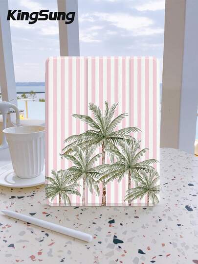 Kingsung Pink And White Striped 5 Coconut Trees Tablet Case, Compatible With IPad 9.7/10.2/10.5/10.9/12.9/Pro 11, 10th Generation, Compatible With Samsung Galaxy Tab S6 Lite 10.4-Inch, Compatible With Kindle Paperwhite 12th Gen 2024, Kindle (11th Generation) 2022 Version, Kobo Clara Color, Soft And Drop Resistant, Smart Stand/Auto Wake/Sleep