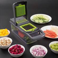 Picadora de verduras manual multifunción 14 en 1 con embudo y cesta, para rebanar, rallar, picar - Herramienta de cocina - Multicolor - Ver 7