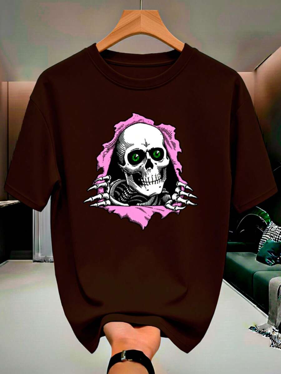 Skull Skeleton Streetwear T-Shirt, 100% Cotton, Men's And Women's Unisex Premium Shirt - 鏽棕色 - 查看 1