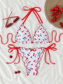 Women's Floral & Plant Print Tie-Back Backless Bikini Set, Cute Beach Vacation - White - View 6