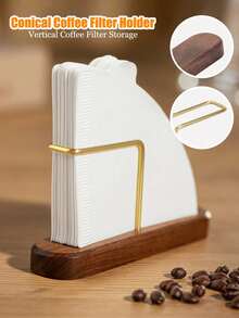 1pc Conical Coffee Filter Holder, Suitable For #1/#2/#4 Filter Papers, Vertical Coffee Filter Rack Made Of Walnut Wood And Brass, Suitable For Pour Over Coffee, Coffee Lover's Gift, Drip Coffee Maker, Espresso Bar, Minimalist Kitchen, Home Brewing - Mocha Brown - View 1