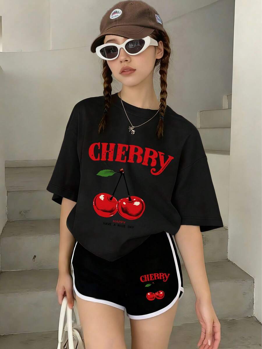 2pcs/Set Girls Casual Fashion Creative Cherry Print T-Shirt And Shorts Set, Summer Holiday - Multicolor - View 1