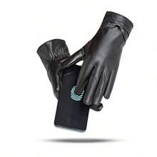 1 Pair Women's Autumn Winter Faux Leather Touch Screen Gloves Fleece Lined Warm Windproof For Cycling Commute - Black - View 3