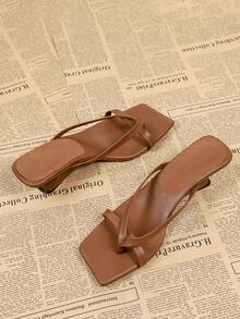 Women's Square Toe High Heel Flip Flops, Brown Casual Summer Slippers - Brown - View 6