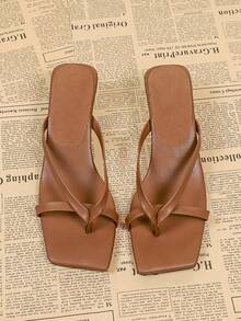 Women's Square Toe High Heel Flip Flops, Brown Casual Summer Slippers - Brown - View 4