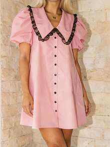 Women's Baby Doll Mini Dress Summer Floral Print Loose Bubble Short Sleeve Collared Dress - Hồng - Xem 1