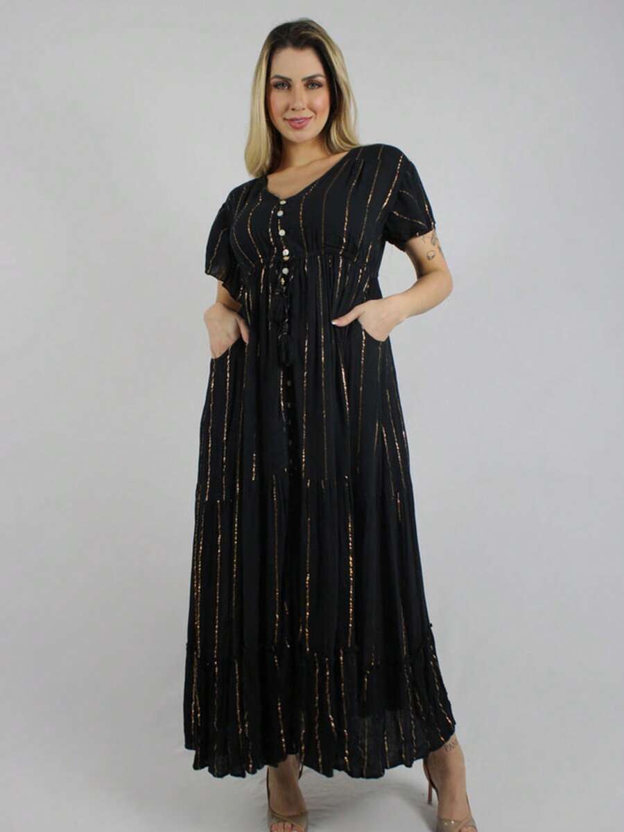 MIA BRAZIL Women's Black Long Dress With Gold Details - Elegant, Flowing And Comfortable - #00651 - màu đen - Xem 1