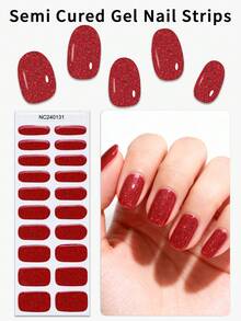 20Pcs Semi-Cured Gel Nail Strips, Red Glitter Gel Full-Coverage Nail Stickers, Salon Quality, Requires Use With UV Lamp, DIY Nail Stickers, Suitable For Women To Use At Home. - Red - View 1