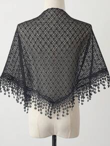 新款热销女士三角披肩，网纱、亮片和蕾丝饰边——多功能头巾围巾，浪漫透气，纯色，宽松版型 - 大尺寸版白色 - 查看 13