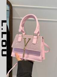 Geantă mini casual cu paiete, model patchwork, geantă cu clapă și mâner dublu, decor metalic cu litera V, ciucure metalic, geantă crossbody versatilă pentru umăr, poșetă mică rezistentă la șifonare pentru cumpărături, potrivită pentru telefon, ruj