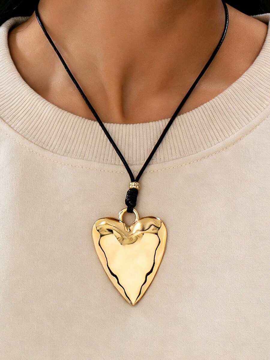 1pc Fashionable Casual Metal Heart Knot Pendant Necklace, Women Apparel Accessory - Yellow Gold - View 1