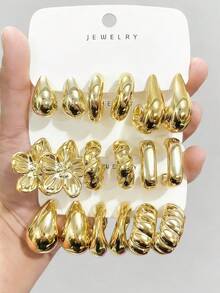 Set de 6-18 piezas de aretes con diseños de flor, gota y en forma de C en color dorado, adecuado para salidas, vacaciones y fiestas - Dorado - Ver 1